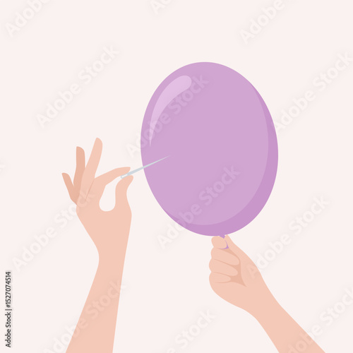 A hand piercing with a needle a purple balloon held by another hand. Flat vector illustration