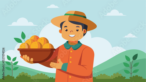 A community leader proudly presenting a meager harvest of potatoes showcasing the importance and potential of growing food within the neighborhood.. Vector illustration