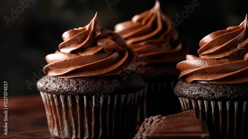 Chocolate cupcakes with rich, smooth frosting. Dark, moist cake topped with generous swirls of decadent chocolate frosting.  Pieces of chocolate are visible, enhancing the rich theme