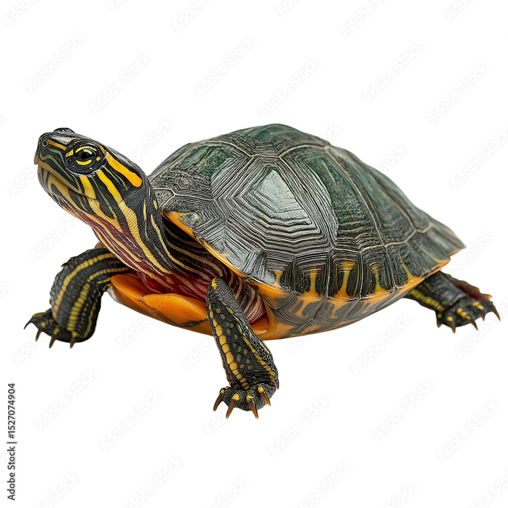 Side view of a red-eared slider turtle on a clean white background, displaying its colorful markings, textured shell, and extended legs in a detailed Side view of a red-eared slider turtle on a clean white background, displaying its colorful markings, textured shell, and extended legs in a detailed