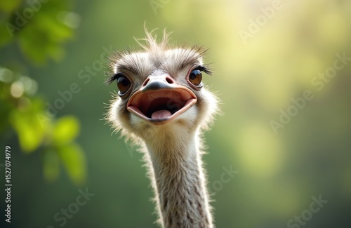 Funny ostrich portrait close-up with open beak. Unique wildlife photo of a bird, perfect for print, advertising, design, travel. Funny surprised expression. Unique, cute animal, nature background. photo