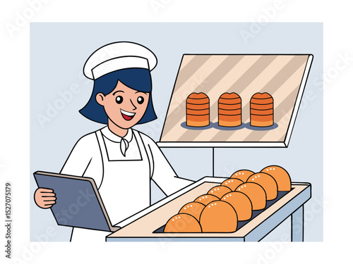woman worker in food safety uniform monitorin