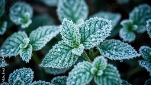 Frost-Covered Mint Leaves Close Up Winter Scene