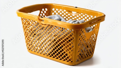 A yellow laundry basket sits on a plain background, filled with neatly folded gray towels. This setup emphasizes domestic life and the routine of managing household tasks.
