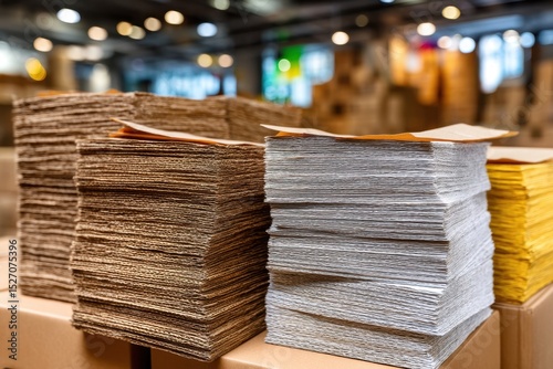 Large stacks of brown and white paper sheets are organized in a bright warehouse. The space is filled with boxes, indicating a busy environment focused on distribution and logistics.