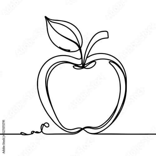Continuous line drawing of a stylized apple with a leaf on white background, minimalist design concept of healthy eating or organic food
