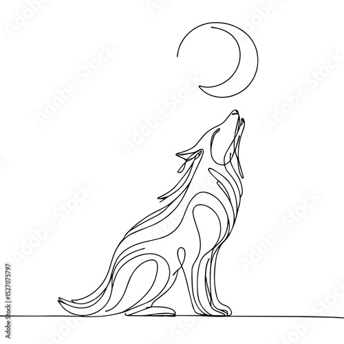 Howling wolf silhouette expressing wild spirit under the crescent moon, minimalist design on a white background, concept of wildlife art or home decor
