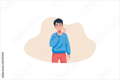 Man having sore throat touching his neck feeling pain while swallowing sick. Vector illustration.