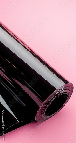 Rolled black vinyl sheet on pink background