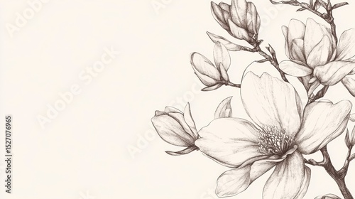 Monochrome sketch of magnolia blossoms and branches on a beige background.