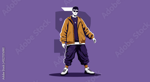Young man in streetwear standing confidently on purple background  