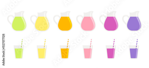Set of colorful juice pitchers and matching glasses with straws. Refreshing drinks, summer beverage, and juice bar concept. Flat vector illustration isolated on a white background