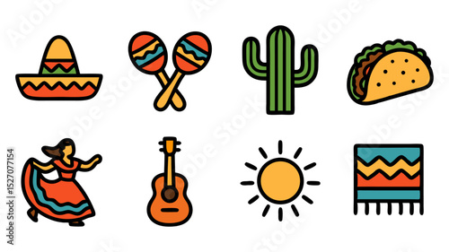 Mexican Culture and Fiesta Icons – Colorful Flat Vector Set for Cinco de Mayo and Festive Designs

