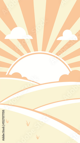 Abstract landscape illustration featuring clouds and rising sun burst style design
