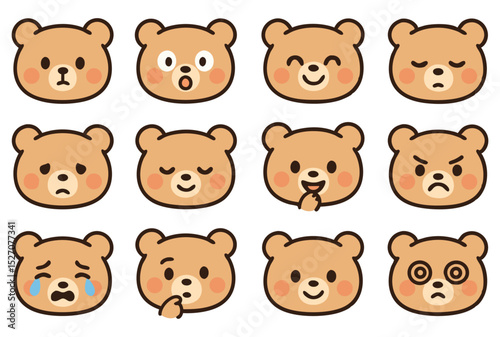 Cute Bear Emoji Faces Set – Kawaii Brown Bear Expressions in Flat Vector Style for Stickers, Emotes and Reaction Icons
