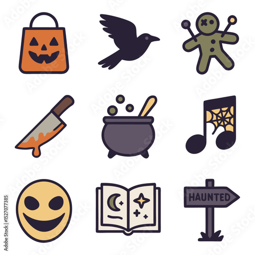 Halloween Icons Set – Scary Symbols with Pumpkin Bag, Crow, Voodoo Doll, Bloody Knife, Magic Cauldron, Haunted Note, Evil Face, Spellbook and Signpost
