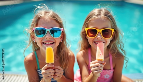 Two young girls in sunglasses enjoy ice cream near swimming pool. Siblings smile, have fun on summer vacation, cooling themselves with popsicle treats. Happy childhood moments on a sunny day.