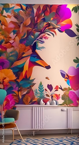 Colorful abstract mural depicting animals and nature in vibrant hues on a wall 4K vertical
