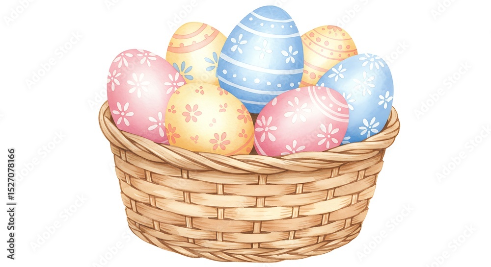 Fototapeta premium A colorful Easter egg basket, filled with decorated eggs. These eggs have intricate patterns, which add to the charm of the Easter season. The basket is sitting on a flat surface