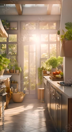 Beautiful morning in a cozy kitchen with sunlight streaming through the window and plants adorning the space 4K vertical