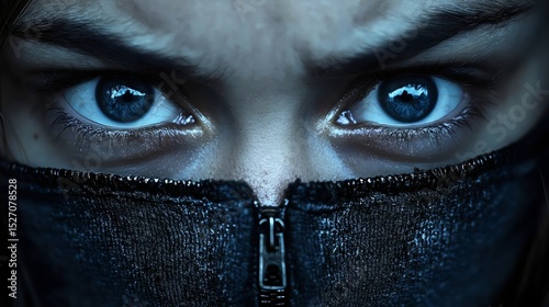 Intense blue eyes stare from the shadows, revealing a hint of mystery and allure.