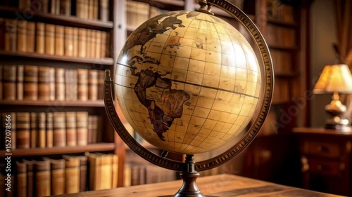 Antique world globe on a wooden desk with bookshelves and a lamp, evoking a sense of knowledge and exploration.