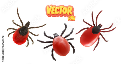 Vector set of realistic isolated red ixodid ticks on white background.