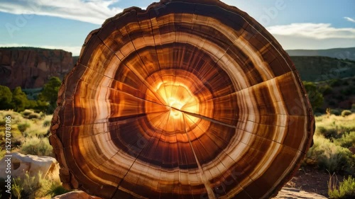 Fossilized tree trunk slice displaying concentric circles, sunburst center, arid landscape background, clear sky, and geological detail