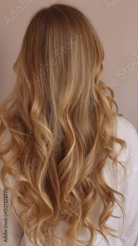 Back view of long blonde wavy hairstyle on a woman wearing a white shirt against a neutral backdrop, hair care concept