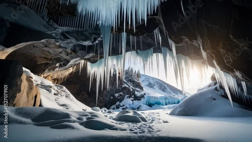 Winter cave with icy stalactites hanging from the roof, snow covered ground and mountains in the background illuminated by a bright sky.