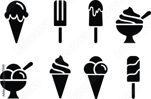 Set of ice cream black silhouette icons stock illustration set of Hard Scoop Ice Cream Cones & Cups Clipart. set of Ice Cream with Flavours in Cones & Cups Clipart Eps 10