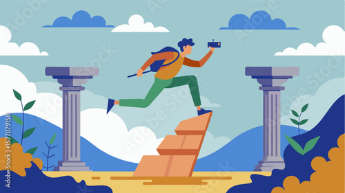 Balancing precariously on a fallen column a nomadic freelancer captured the perfect shot for their travel blog while exploring an ancient ruin.. Vector illustration
