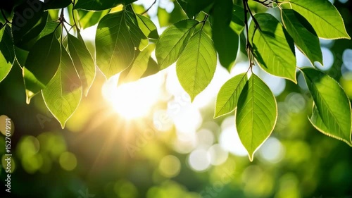 Vibrant sunbeams illuminating lush green leaves in a tranquil forest, capturing peaceful natural beauty and warm sunlight.