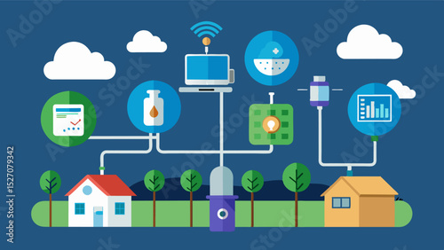 An illustration showing multiple IoTenabled irrigation pumps connected to a central data system. The system collects realtime data on water usage pump efficiency and energy usage. Vector illustration