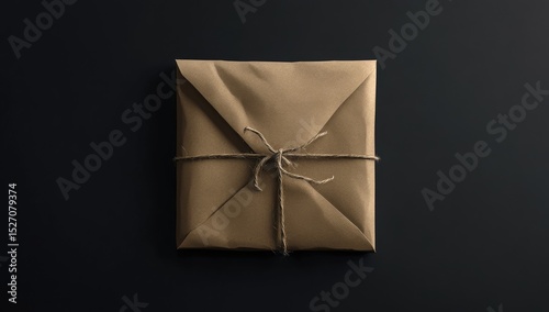 Square, light brown package, tied with twine