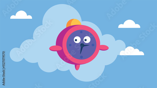 Adorable cartoon alarm clock flying among clouds in a blue sky background