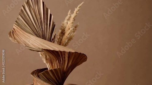Dried palm leaf in spiral shape and pampas grass arrangement on wooden stand against beige background in a studio setting.