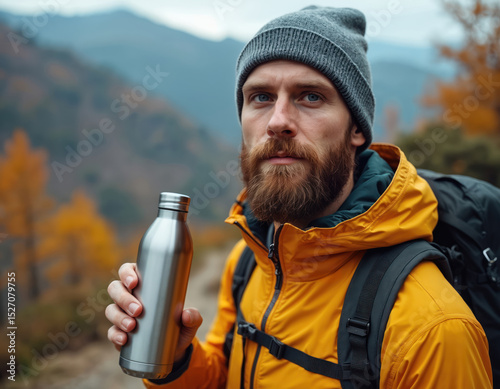 Bearded man in hiking gear on mountain trail holds silver aluminum bottle. Hiker with backpack enjoys nature. Portrait of adventurer with drinking bottle. Explore outdoor recreation.