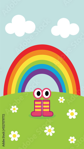 Adorable cartoon illustration featuring a rainbow, clouds, and friendly character