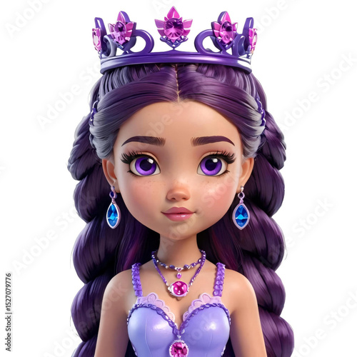 Princess With Long Purple Hair And Violet Eyes. She Wears Jeweled Purple Tiara, Matching Dress, And Gemstone Jewelry, Exuding Regal And Enchanting Aura.eps