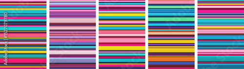 Set of colorful bold geometric cover designs with tightly packed vibrant stripes. Modern poster designs featuring narrow horizontal multicolored stripes arranged in unpredictable sequences. Vector