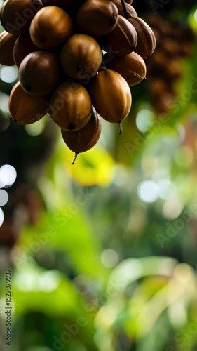 Hanging exotic fruits bunch with bokeh effect foliage backdrop in tropical botanical garden, sweet brown tropical fruits clustered on branch