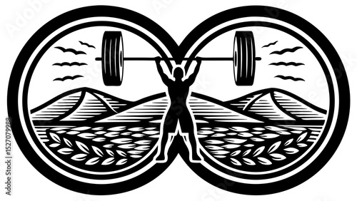 Silhouette of a weightlifter lifting a barbell against mountains  