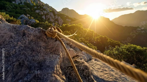 Rope anchored on rocks in mountain at sunset. Climbing safety equipment for outdoor adventure and secure access in the landscape.