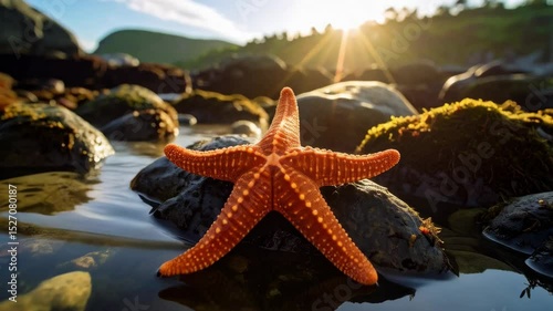 Bright Starfish Resting on Wet Coastal Rocks near Shallow Water at Sunset on Tropical Shoreline