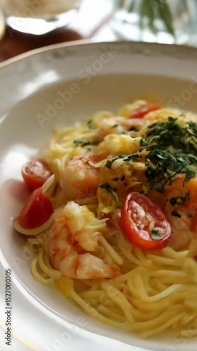 Delicious Spaghetti with Shrimp, Cherry Tomatoes and Parsley Garnish Served on an Elegant Plate, presented with a professional food style