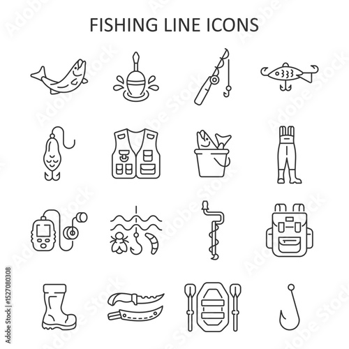 Fishing line icon set. Collection with fish, knife, backpack, inflatable boat, ica pick, hook, float, fishing lure, echo sounder, unloading vest, fishing rod. Vector collection.