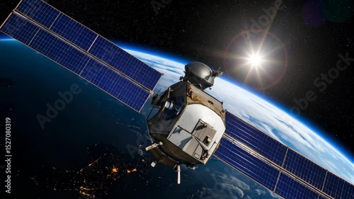 Orbital satellite with solar panels against Earth background, transmitting signals above planet atmosphere in outer space