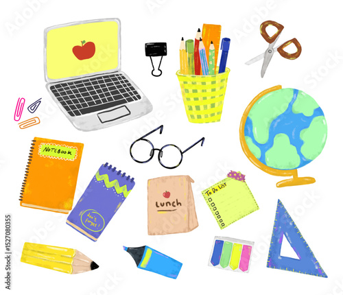 Cute set of colorful hand drawn back to school campus college elements in pastel bright vibrant color doodle kids teenager journal illustration watercolour crayon clipart vector
