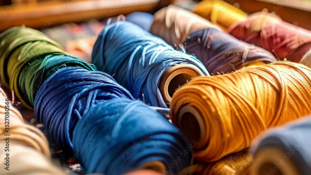 Close-up display of vibrantly colored threads wound on bobbins, showcasing an assortment of hues for sewing projects.